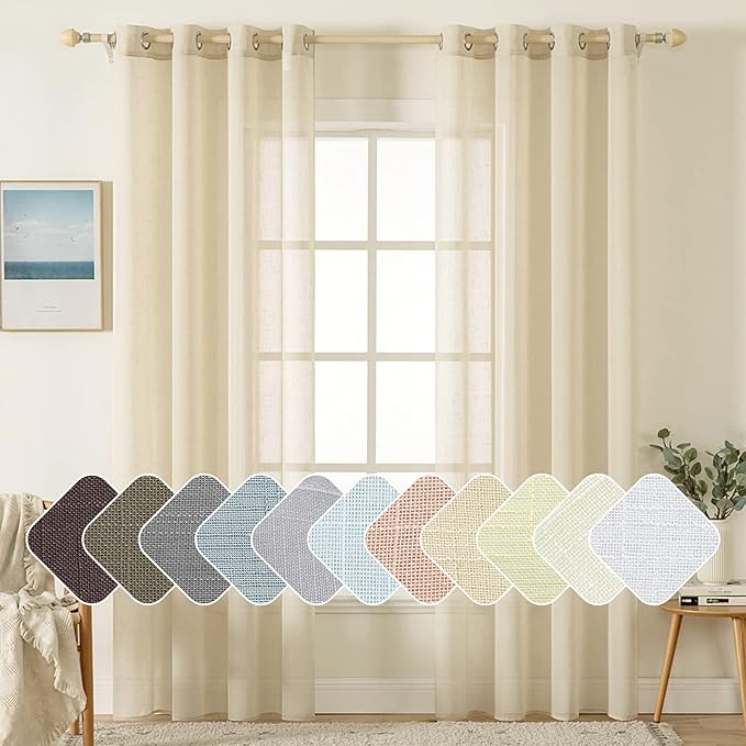 MIULEE Natural Light Beige Linen Semi Sheer Window Curtains - Elegant Solid Drapes Grommet Top - Voile Panels Linen Textured Panels for Bedroom Living Room (52" W x 84" L)