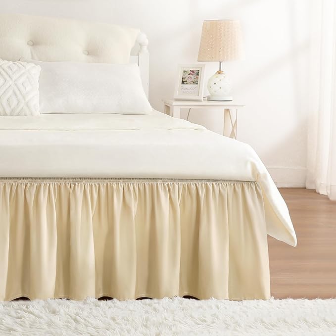 RIMELA Beige White Bed Skirt King Size 15 Inch Drop, Elastic Bed Skirting for Bed Base and Frame, Bedding Dust Ruffle Easy to Install, Lightweight Wrap Around Adjustable Bedskirt