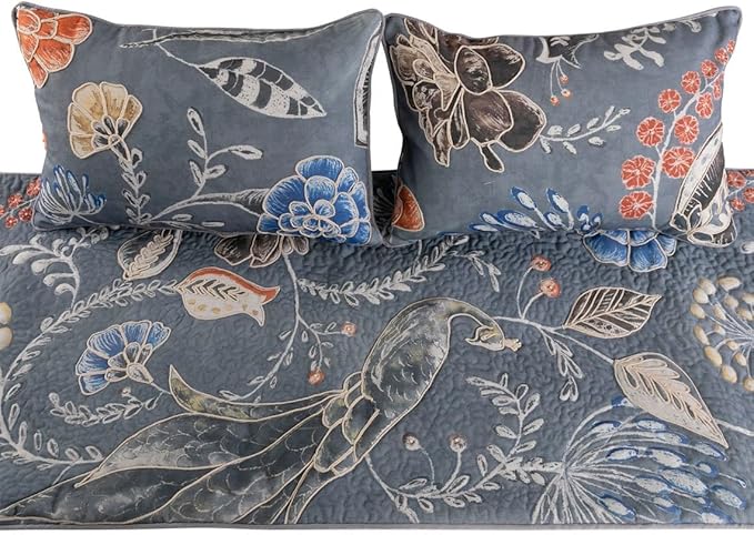 The HomeCentric Blue Linen Queen Size 74"x18" Decorative Bed Runner with Matching Pillow Cover, Quilted Peacock Willow