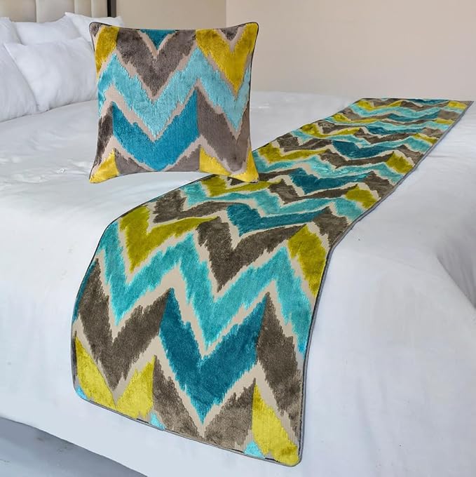 The HomeCentric King/Queen/Twin Blue Decorative CA King 86"x18" Bed Runner Without Pillow Cover, Velvet, Peacock Colors & Ombre Bed Scarf on Velvet Fabric - Plume Palatte