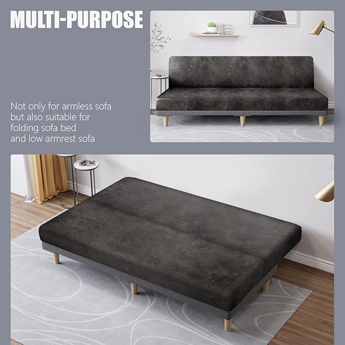 molasofa Leather Like Stretch Futon Slipcover Armless Futon Bed Sofa Cover Furniture Protector with Elastic Bottom, Soft and Washable Futon Cover for Sofa Bed Stay in Place（X Larger，Khaki）