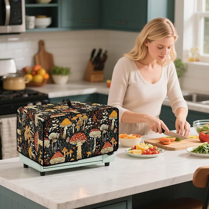Dustproof Toaster Oven Cover Polyester-Linen Fabric Microwave Oven Dust Cover Foldable Kitchen Appliance Protector Dirt and Fingerprint Protection, Vintage Mushroom Plant Print, S