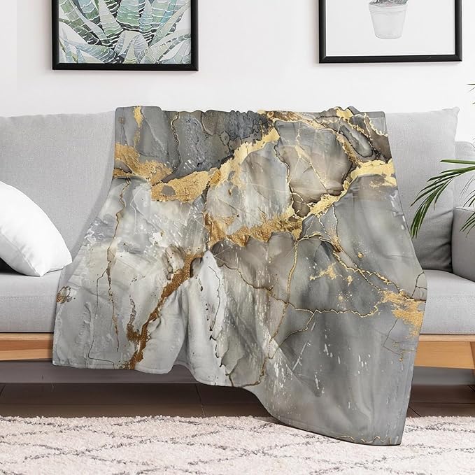 Modern Marble Blanket, Abstract Luxury Baroque Gold Grey Gradient Stone Veins Pattern Soft Warm Cozy Plush Flannel Covers for Livingroom Bedroom Couch Chair Camping Travel Home Decor Tapestry 40x50in