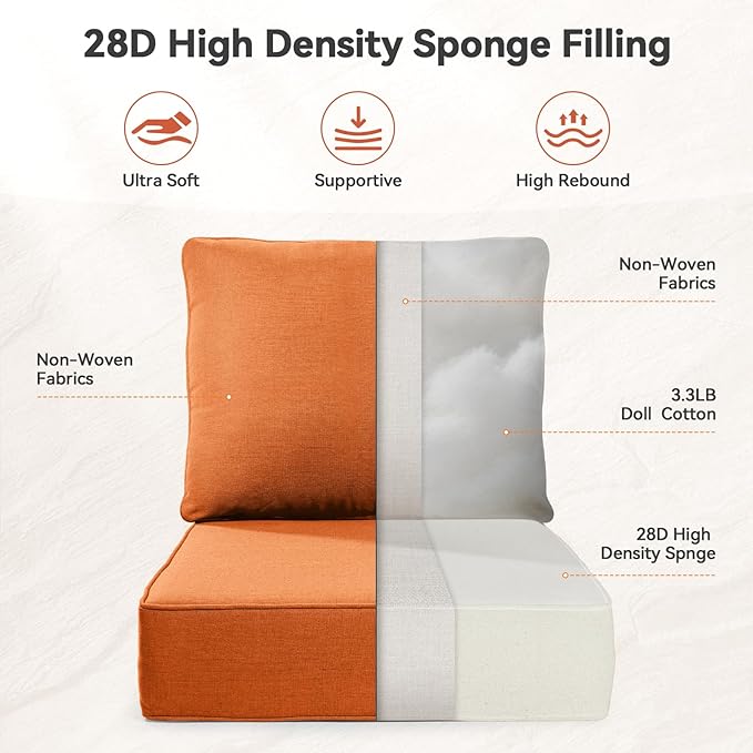 Luxury 6" Outdoor Cushions for Patio Furniture, 24x24x6" Thick Seat Cushion Set of 4, Fade Resistant Couch Chair Replacement Cushions High Density Deep Wicker Chair Cushion w/ Removable Cover, Orange
