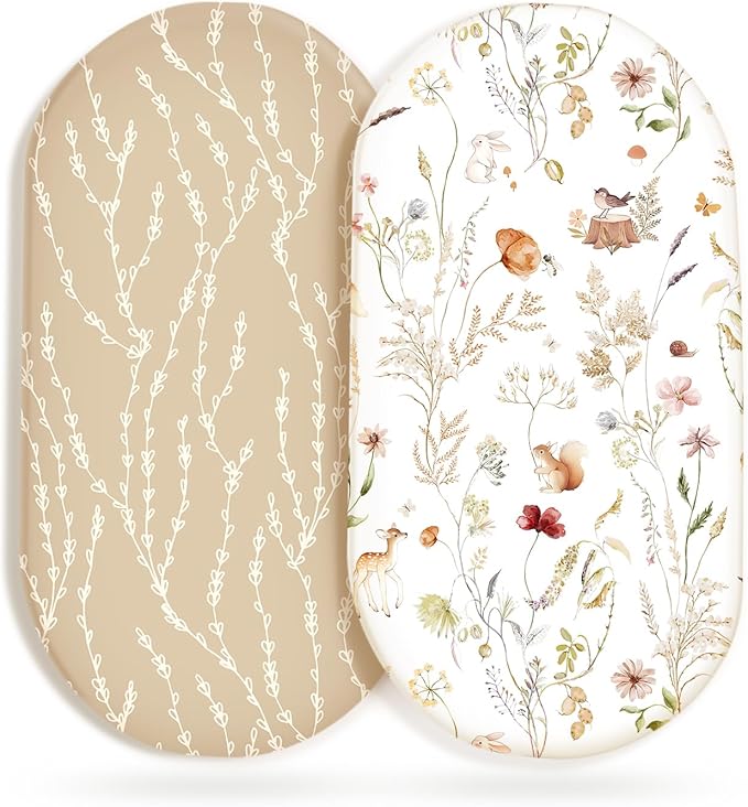 GRSSDER Ultra Soft Bassinet Sheets 2 Pack, Stretchy Breathable Knit Bassinet Mattress Sheets for Baby, Universal Fitted Baby Cradle Moses Basket Oval Rectangle Mattresses Safe and Snug, Stylish Print