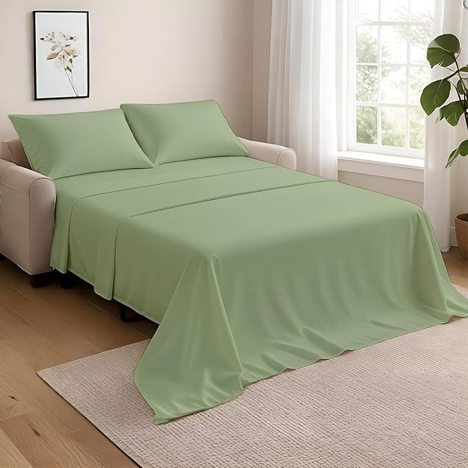 NON Sticky cotton Twin Size Sleeper Sofa Sheets, 4 Piece Egyptian Cotton Bed Sheet Set for Sofa Bed, 6" Deep Pocket Fitted Sheet for Pull Out Couch Mattress, 39" x 75", Sage Solid, Soft & Breathable