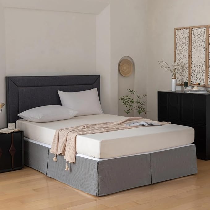 Twin Bed Skirt, Wrap Around Bed Skirt with Pleated Corner, 16 Inch Drop Pleated Waffle Weave Bedskirts, Anti-Slip, Microfiber, Grey, 16'' Twin