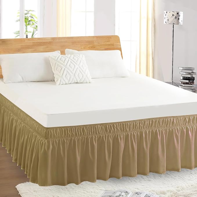 King Bed Skirt, Elastic Wrap Around Bed Skirt King Size, Bed Skirts for Adjustable Bed, Easy Fit with 14" Drop Length Tailored Drop Dust Ruffle (Beige)