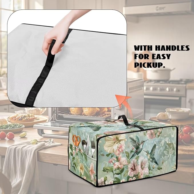 Air Fryer Toaster Oven Dust Cover Protective Convection Oven Cover with Pockets and Handle for Kitchen Countertop, M, 16.5 x 20.5 x 10 Inches, Retro Hummingbird Hibiscus Flower Green