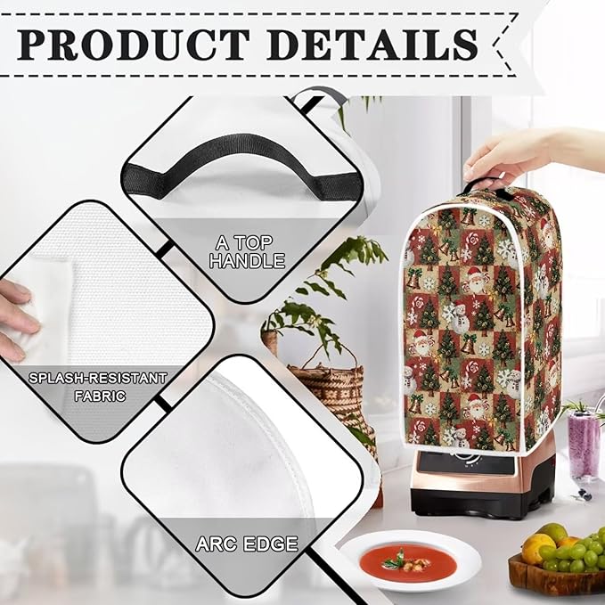 Christmas Print Blender Cover Dust Cover for Kitchen Decorative Food Processor Dust Covers with Handle Easy to Install Protection Covers for Stand Mixer Juice Machine Christmas Decor
