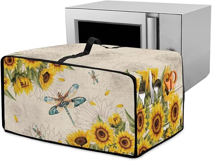Dragonfly Sunflower Print Microwave Oven Cover Dust-Proof Microwave Toaster Oven Cover with Storage Bags Universal Washable Decor Accessories for Kitchen, S