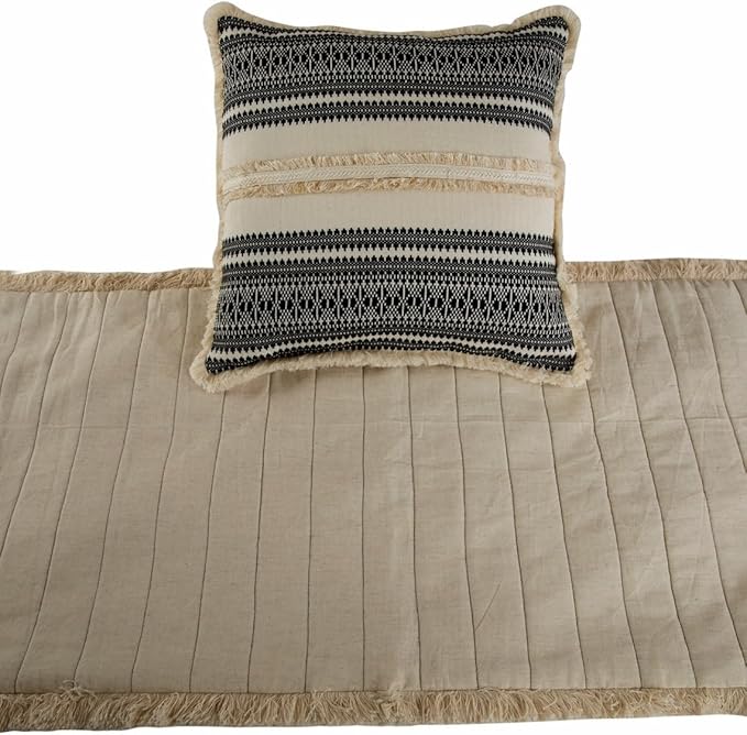 The HomeCentric Beige Bed Runner, Twin Size 53"x18" Decorative Bed Runner with Matching Pillow Cover, Beige & Black Linen Bed Scarf in Quilted, Natural Linen with Lace - Moroccan Vibe