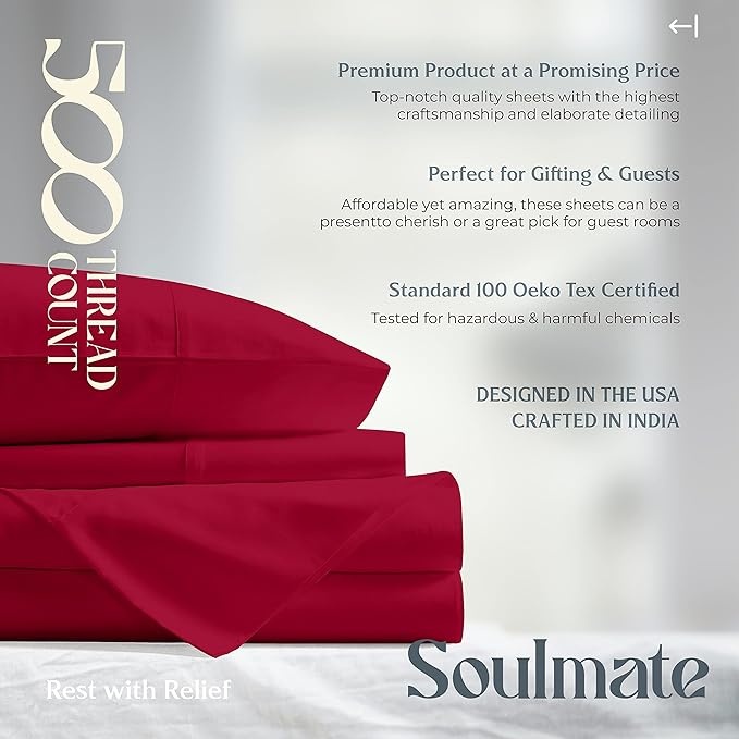 Mayfair Linen 500 Thread Count Full Cotton Sheets - 4 PC Full Size Bed Sheet Set Cotton (Red), Soft, Cooling, Sateen Hotel-Quality 16" Deep Pocket Bedsheet for Hot Sleepers (Fits 18" Mattress)