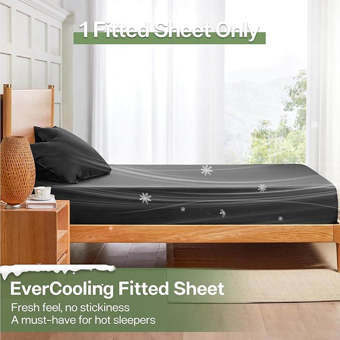 MR&HM King Fitted Sheet Only, Ultra-Soft Rayon Derived from Bamboo & Polyester Blend, Silky & Breathable, 15" Deep Pocket with Elastic Straps, Cooling Fitted Sheet for Hot Sleepers, Black