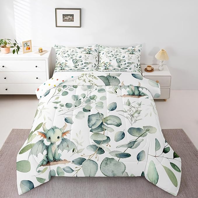 Erosebridal Boys Magic Animal Bedding Queen Size Cute Dragon Comforter Set Queen, Cartoon Wildlife Duvet Insert Green Leaf Quilt Set, Spring Plant Bedding Comforters & Sets Child Kids Bedroom Decor