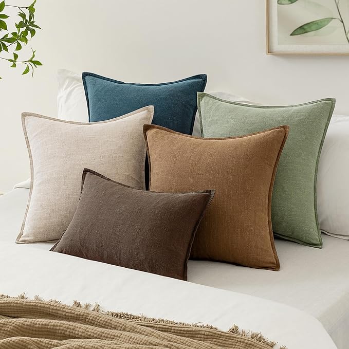 EMEMA Decorative Linen Throw Pillow Covers 20x20 Inch Grass Green Boho Farmhouse Neutral Couch Throw Pillows for Bed Pack of 2 Accent Pillowcase Modern Sofa Cushion Livingroom Home