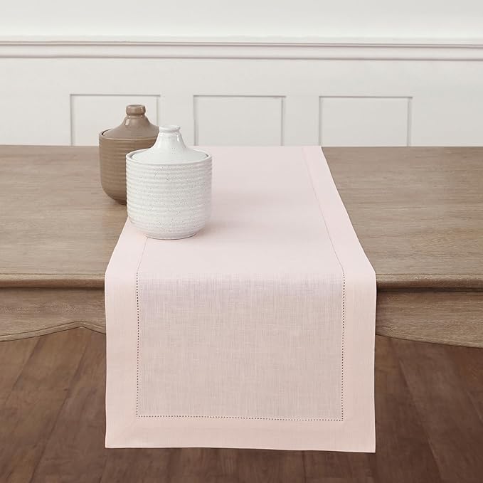 Solino Home Linen Pink Table Runner 120 Inches Long - 100% Pure Linen Hemstitch 14 x 120 Inch Table Runner for Dining, Christmas - Classic Hemstitch