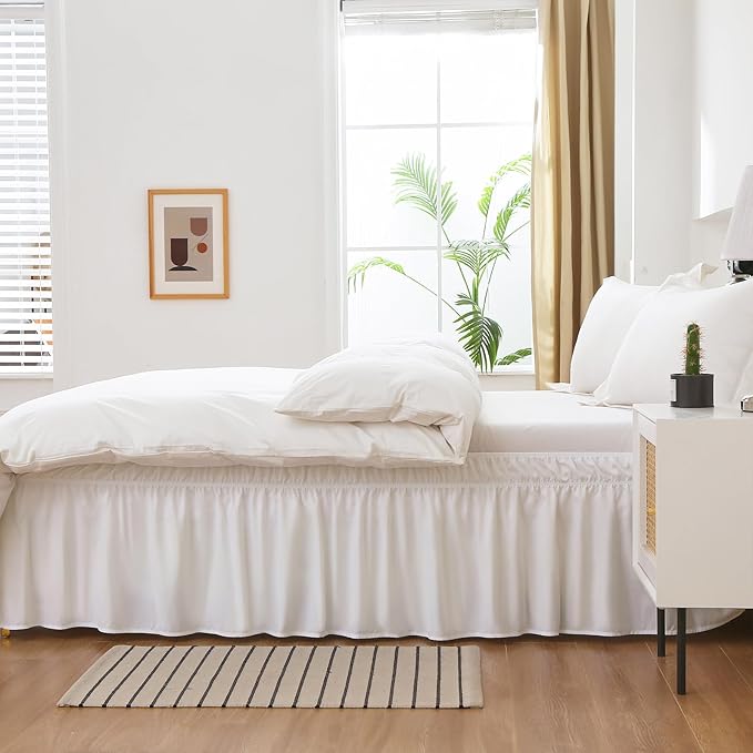 MEILA Wrap Around Bed Skirt Three Fabric Sides Elastic Dust Ruffled 18 Inch Tailored Drop,Easy to Install Fade Resistant-Natural White, Twin/Full