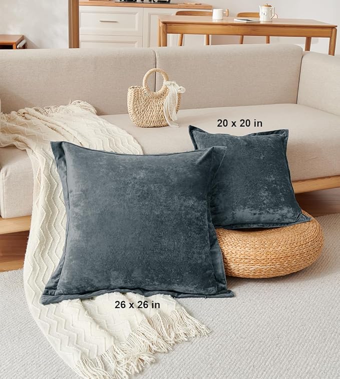 Luxurious Velvet Euro Shams Decorative Throw Pillow Covers 26x26 Set of 2 Solid Square Euro Pillow Shams for Sofa Couch Bedroom, Blue Gray