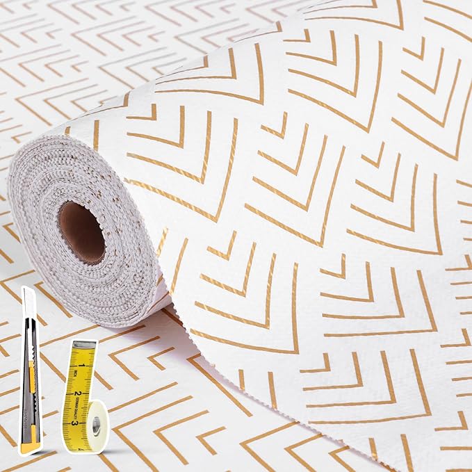 Shelf Liner for Kitchen Cabinets Non Adhesive Drawer Liner Non-Slip Thickened Shelf Liner Paper Strong Easy to Clean for Tool Box Refrigerator with Knife and Tape Measure, Gold Arrow,23.6 x 354.3 in