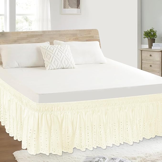 Twin Bed Skirt, Wrap-Around Elastic Ruffled Eyelet Bed Skirt Twin Size Dust Ruffle with Gathered Styling and Embroidered Details, 14" Drop Length (Light Yellow)