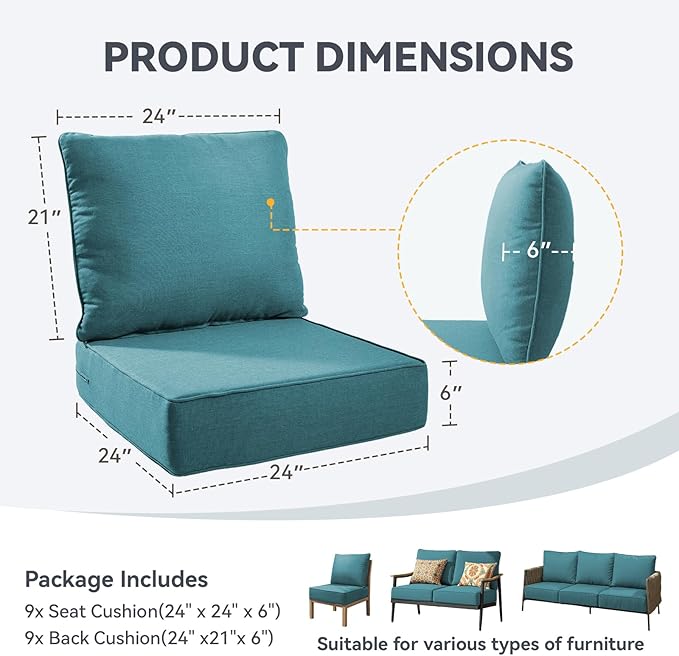 Outdoor Cushion Set for Furniture Patio Furniture, UV Resistant, Water Resistant - 6 Inch Thick Foam Garden Cushions– 24x24 Inch Patio Seat Covers for Chair/Sofa/Couch | Peacock Green | 9-Pack |