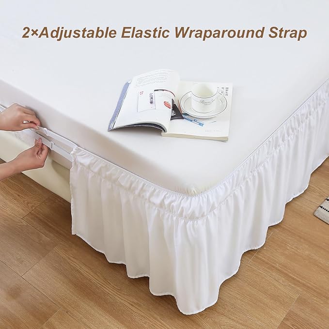 MEILA Wrap Around Bed Skirt Three Fabric Sides Elastic Dust Ruffled 18 Inch Tailored Drop,Easy to Install Fade Resistant-Natural White, Twin/Full