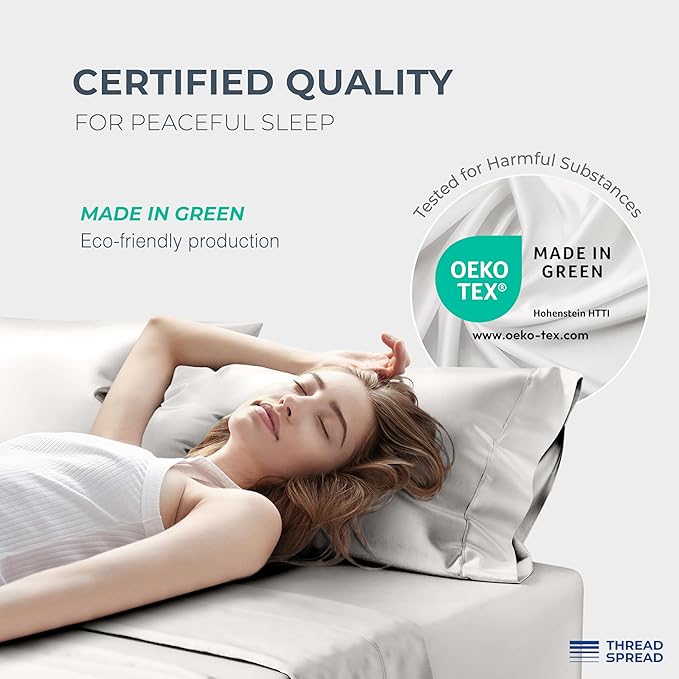 THREAD SPREAD 100% Egyptian Cotton Sheets Queen Size Bed Set - 4 PC 1500 Luxury High Thread Count Light Grey Egyptian Cotton Queen Bed Sheets, Soft, Cooling, Sateen Weave, 17" Deep Pocket Bedsheet