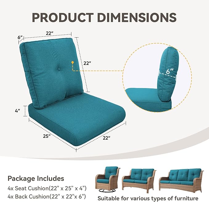 Patio Cushions for Outdoor Furniture - 22" x 25" x 4" UV Resistant Thick Foam Cushions Water Resistant Replacement Cushion for Outdoor Patio Furniture Chair/Sofa/Couch | Peacock Green | 4-Pack |