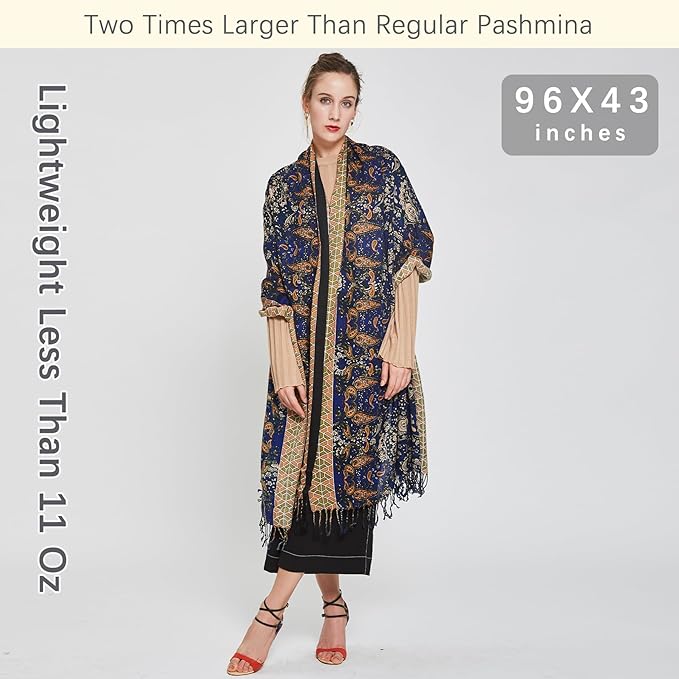 DANA XU 100% Merino Wool Pashmina Shawl for Women 96"x43", Oversized Cashmere Wrap with Tassels, Floral Travel Blanket Cape