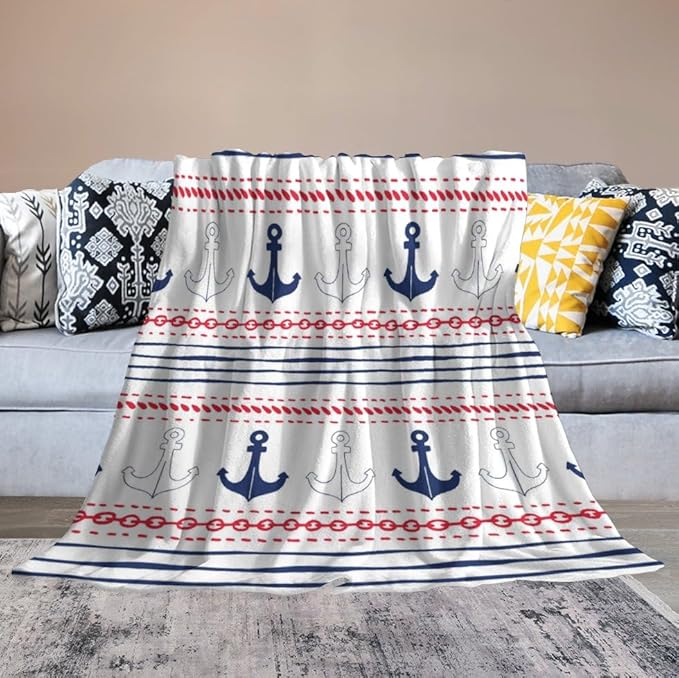 Anchor Blanket Vintage Navy Blue Red Stripe Nautical Anchor Abstract Art Printed Soft Cozy Lightweight Throw Blanket for Kids Girls Boys Women Bedroom Living Room Dorm Chair Sofa Travel 50x60in