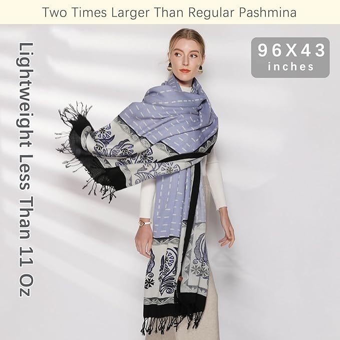DANA XU 100% Merino Wool Pashmina Shawl for Women 96"x43", Oversized Cashmere Wrap with Tassels, Floral Travel Blanket Cape