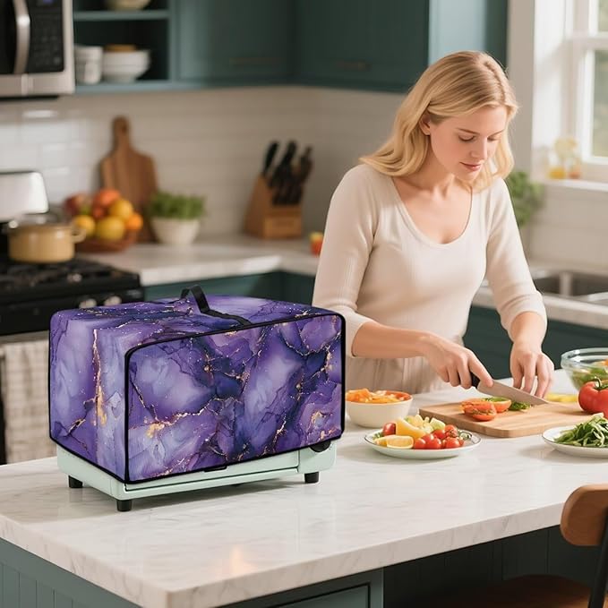 Convection Oven Dust Cover with Pockets, Easy to Clean, Electric Appliance Protector Smart Microwave Oven Cover for Countertop, M, 16.5 x 20.5 x 10 Inches, Violet Gold Marble