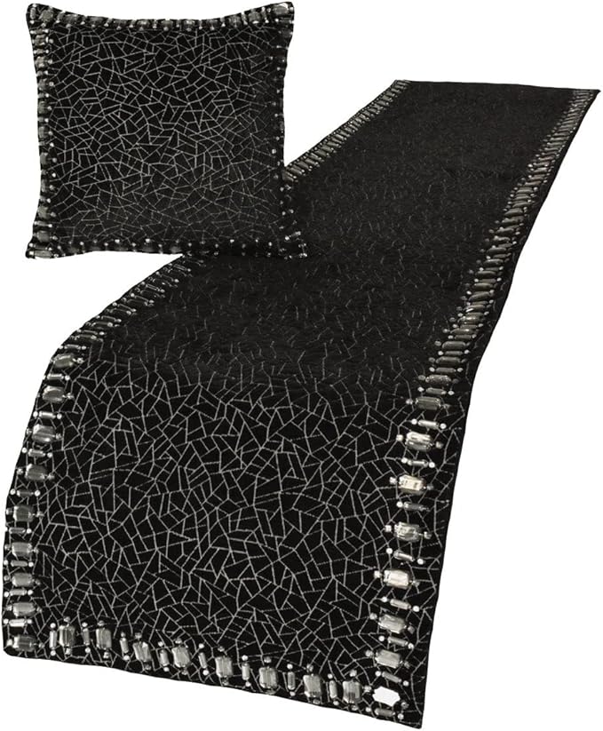 The HomeCentric King/Queen/Twin Black Decorative Full 68"x18" Bed Runner with 2 Pillow Cover, Mosaic & Crystal Bed Scarf on Velvet Fabric - Mosaic Noir