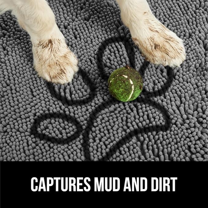 GORILLA GRIP SOAKSTOPPER Dog Door Mat, 30x18 Machine Washable Rug Absorbent Doormat Captures Moisture Mud Dirt, Quick Dry Soft Chenille Entryway Rugs Indoor Entrance Mats for Dog Paws, Paw Gray