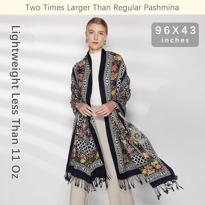 DANA XU 100% Merino Wool Pashmina Shawl for Women 96"x43", Oversized Cashmere Wrap with Tassels, Floral Travel Blanket Cape