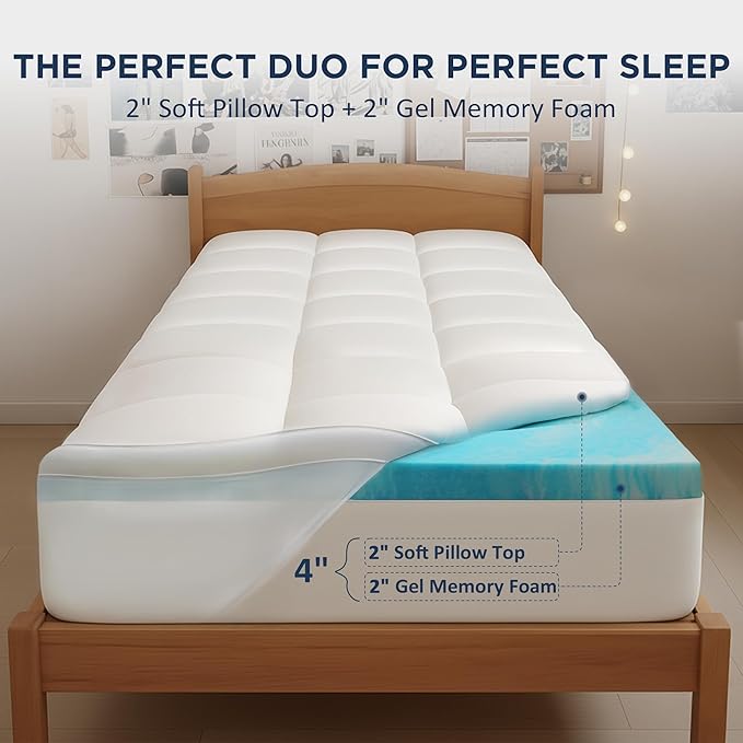 Dual Layer 4 Inch Memory Foam Twin XL Mattress Topper for College Dorm, 2 Inch Cooling Gel Memory Foam and 2 Inch Down Alternative Pillow Top Mattress Pad Cover 8-24 Inch Deep Pocket