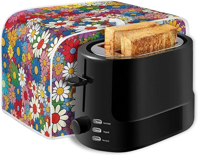 Daisy Flowers Printed Toaster Cover 2 Slice Wide Slot, Washable Kitchen Appliance Small Oven Bakeware Protector, Bread Maker Cover Dust and Fingerprint Protection