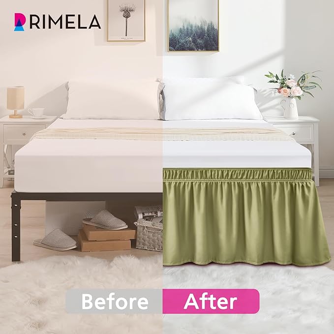 RIMELA Sage Green Bed Skirt King Size 15 Inch Drop, Elastic Bed Skirting for Bed Base and Frame, Bedding Dust Ruffle Easy to Install, Wrap Around Adjustable Bedskirt