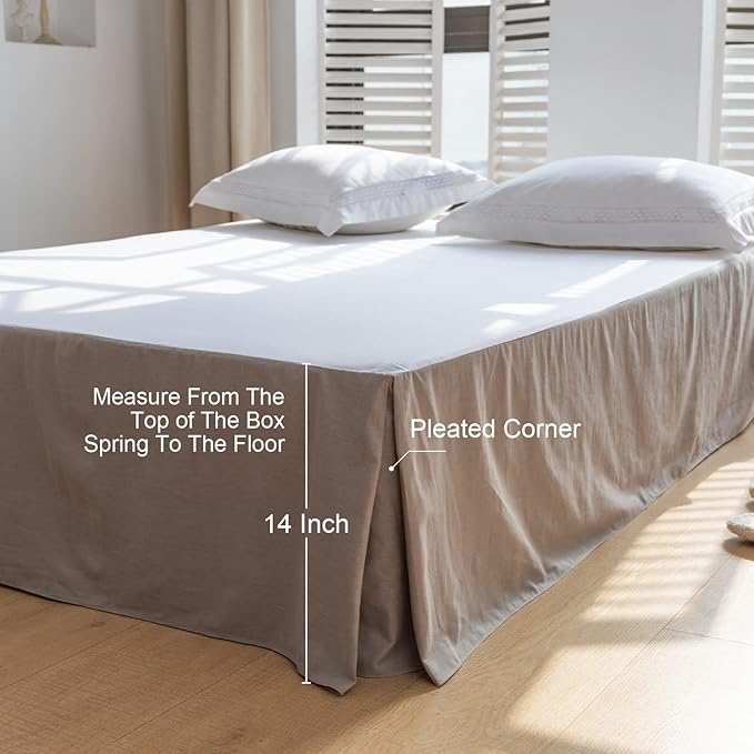 BISELINA French Linen Bed Skirt with Pleated Corner 14-Inch Tailored Drop Natural Flax Cotton Blend Basic Dust Ruffle Soft Cozy Farmhouse Bedding (14" Queen, Basic Grey)