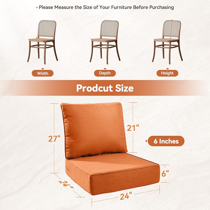 Luxury 6" Outdoor Cushions for Patio Furniture, 24x24x6" Thick Seat Cushion Set of 9, Fade Resistant Couch Chair Replacement Cushions High Density Deep Wicker Chair Cushion w/ Removable Cover, Orange