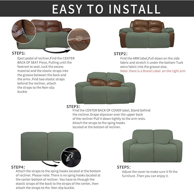 Easy-Going 6 Pieces Recliner Loveseat Stretch Sofa Slipcover Sofa Cover Furniture Protector Couch Soft with Elastic Bottom Kids, Spandex Jacquard Fabric Small Checks Greyish Green
