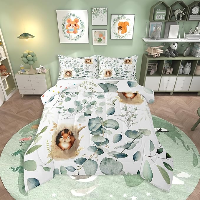 Erosebridal Kawaii Squirrel Queen Bedding Sets for Boys Girls Cartoon Animal Comforter Set, Eucalyptus Leaves Down Comforter Jungle Wildlife Bedding Comforter Sets, Tropical Plants Duvet Insert