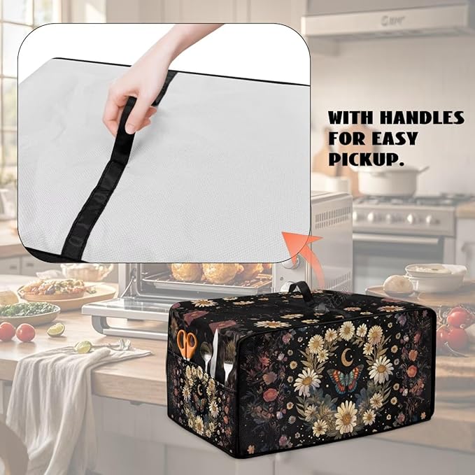 Vintage Daisy Butterfly Moon Print Toaster Oven Cover with Storage Bags Dust Cover for Microwave Oven Polyester-Linen Small Appliance Dust Covers Fits Most Microwaves, L