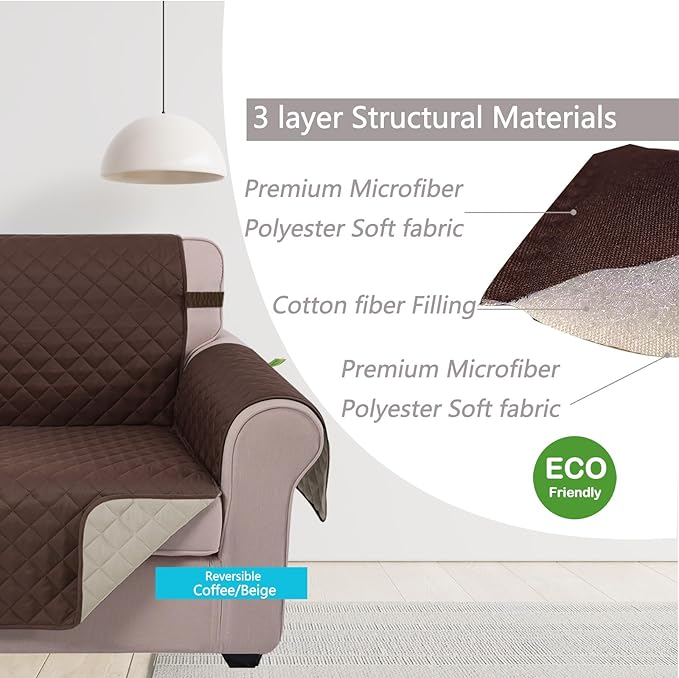 U-NICE HOME Loveseat Sofa Cover Reversible Couch Cover for Dogs with Elastic Straps Water Resistant Furniture Protector for Pets Couch Cover for 2 Cushion Couch (Loveseat, Coffee/Beige)