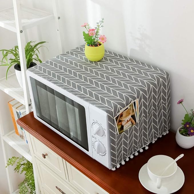 AKOAK 1 Pack 30cm x 90cm/11.81" x 35.43" Household Kitchen Microwave Dust Cover Cotton Linen Oven Cover with Storage Bag Home Decoration Accessories (Grey Arrow)
