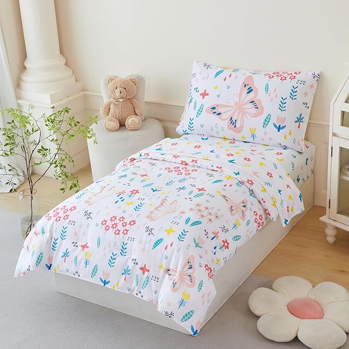PERFEMET Girls Floral Comforter Set Twin Size 4 Pieces Botanical Flower Bedding Set Butterfly Pattern Teens Kids Bed in a Bag with Sheets for All Seasons(White, Twin)