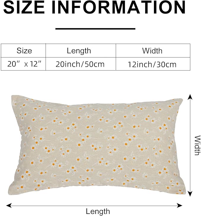 Spring Flower Lumbar Throw Pillow Cover 12x 20 Set of 2, Embroidered Daisy Farmhouse Linen Pillow Cushion Cases, Decorative Pillows for Bed, Outdoor Couch Bedroom Car Cream