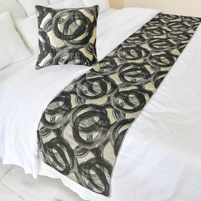 The HomeCentric King/Queen/Twin Black Designer King 90"x18" Bed Runner Without Pillow Cover, Circle, Rings, Quilted Bed Scarf on Jacquard Fabric - Circlewise
