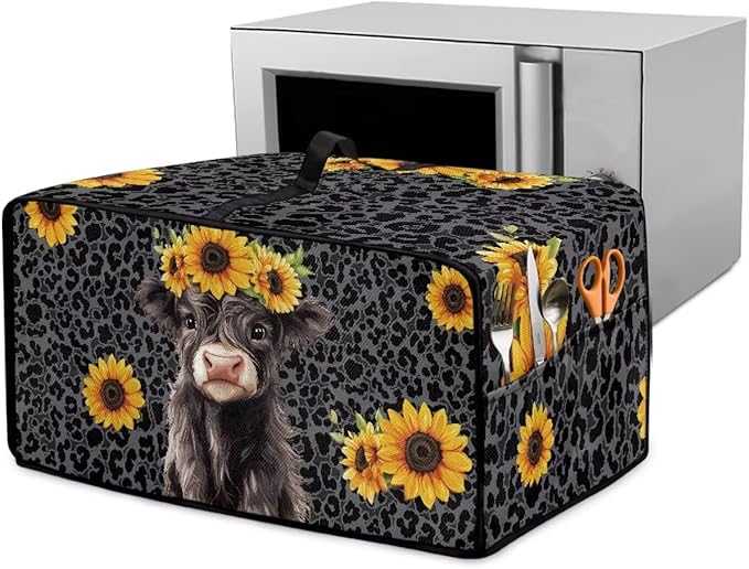 Air Fryer Toaster Oven Dust Cover with Storage Pockets, Stain-resistant Countertop Convection Oven Cover Kitchen Appliance Decor, S, Highland Cow Sunflower Dark Gray